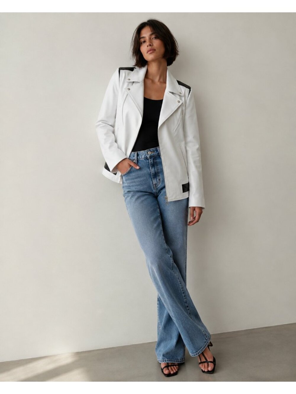 VEDA Baby Jane White Leather Moto Jacket Zip-Off Sleeves Vest Size S